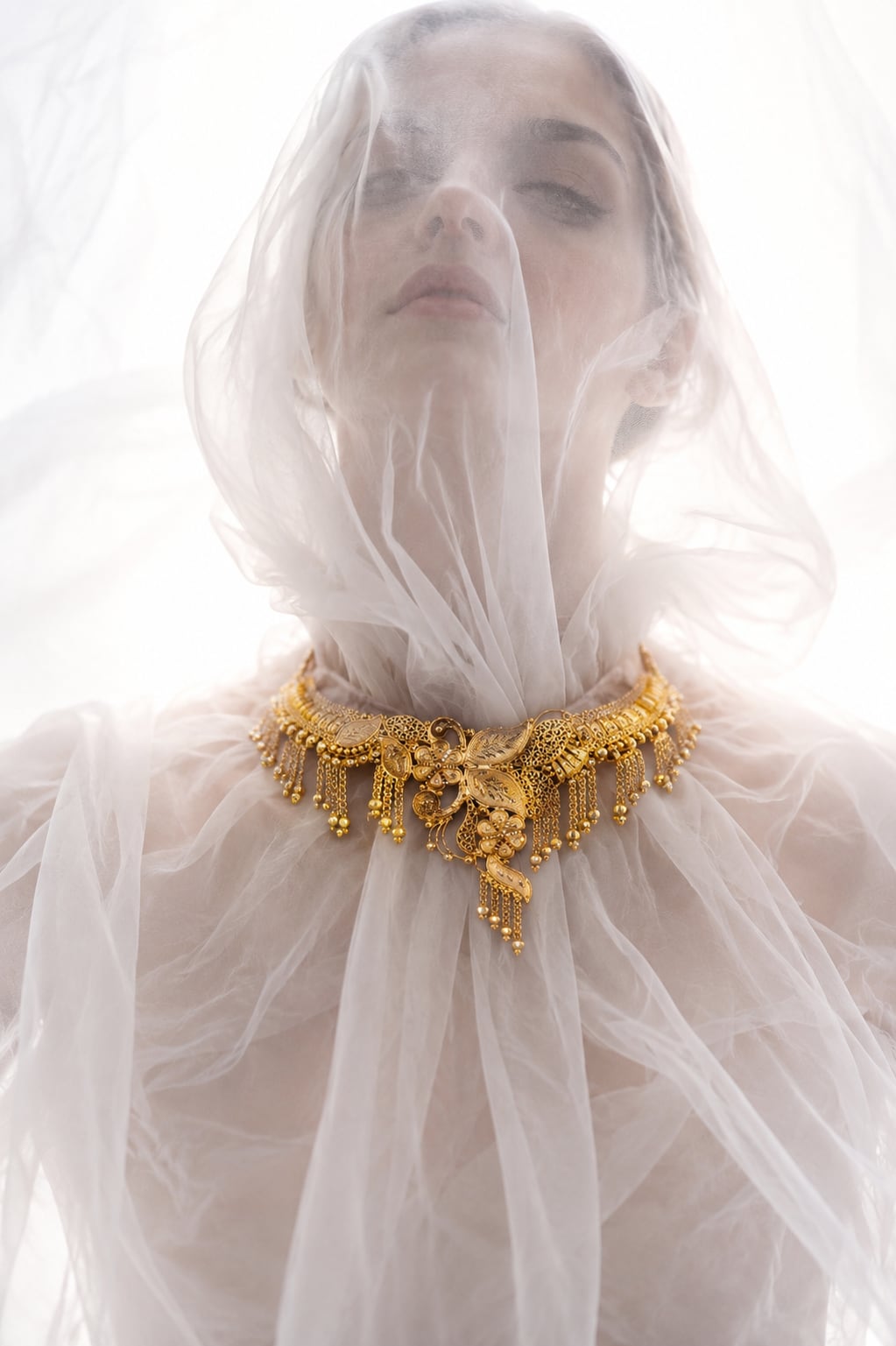 A woman beneath a sheer white veil, lit from behind, wearing an ornate gold choker hung with fine drops.