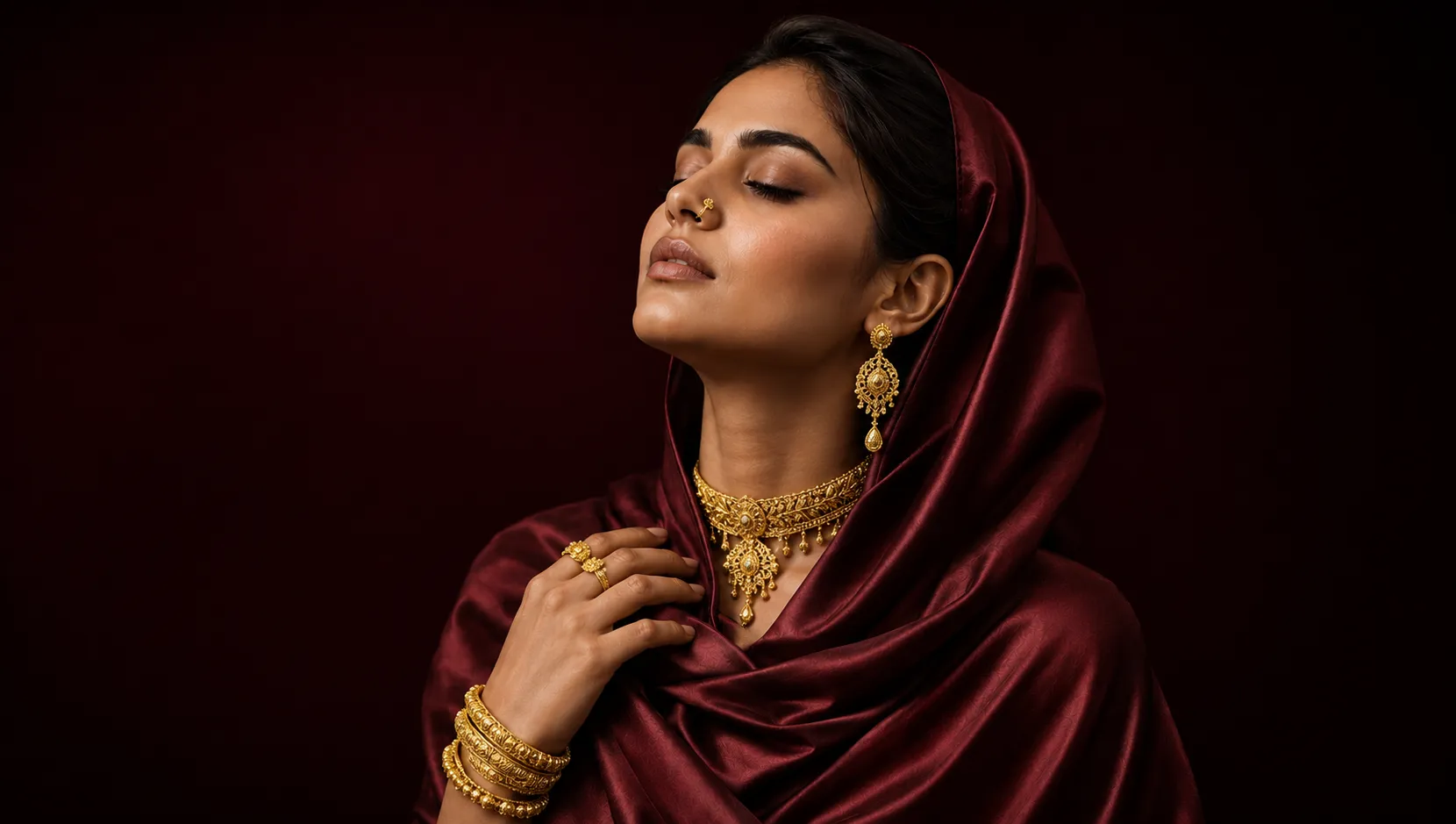 A woman in a deep red silk headscarf, eyes closed and chin lifted, wearing gold drop earrings, a collar necklace, a ring and stacked bangles.